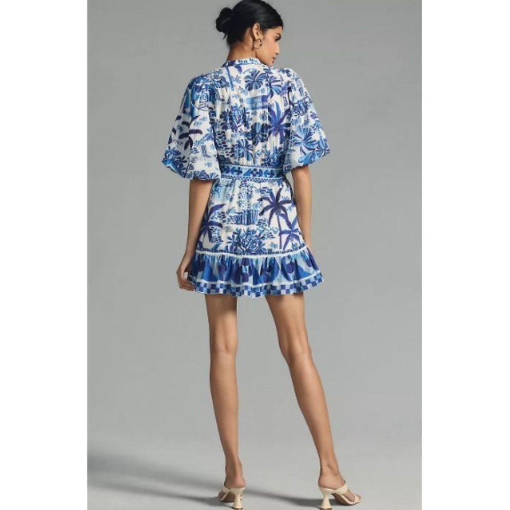 Farm Rio Sweet Rio Mini Dress Blue White Tropical Puff Sleeve Beaded Belt Medium - Picture 1 of 10